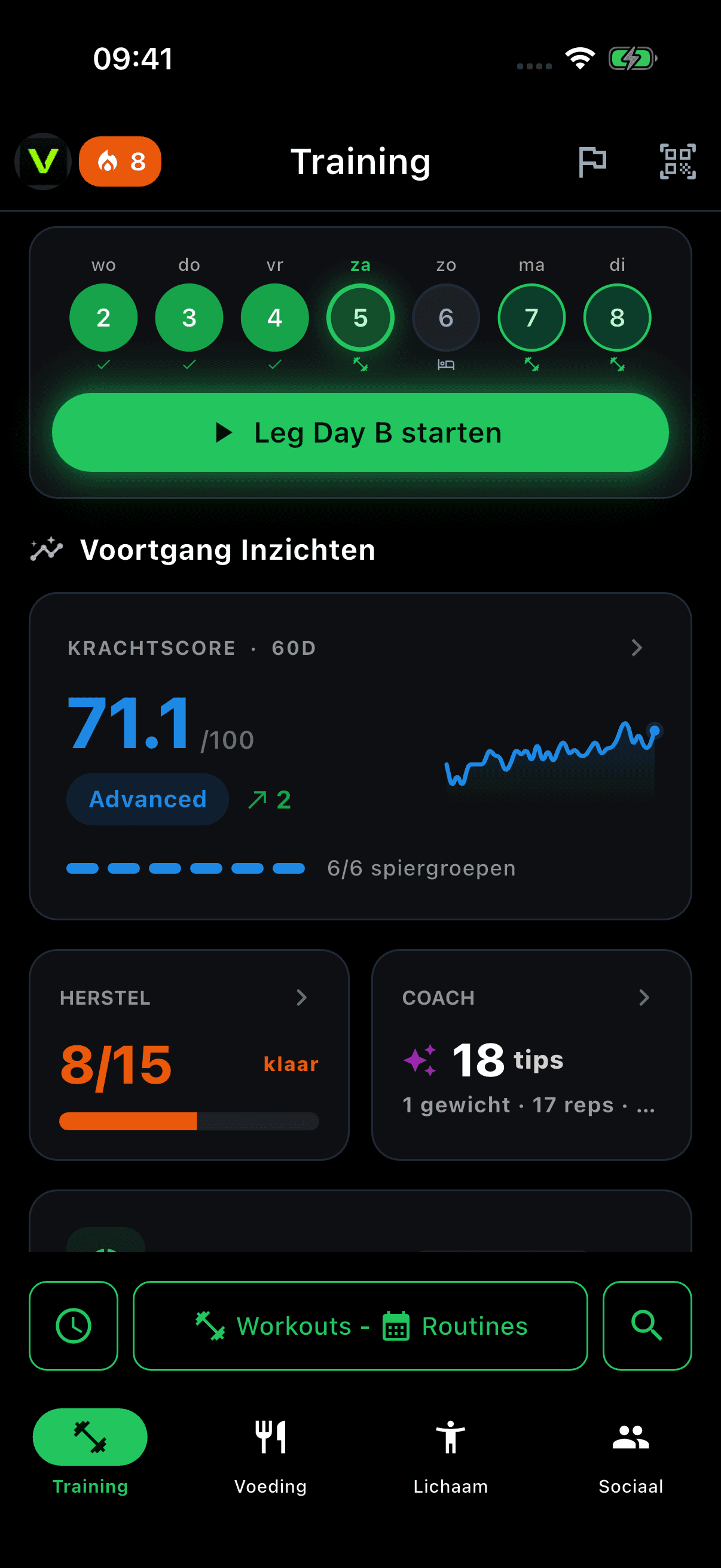 Trainingsoverzicht met weekplanning en voortgang in Vytrix