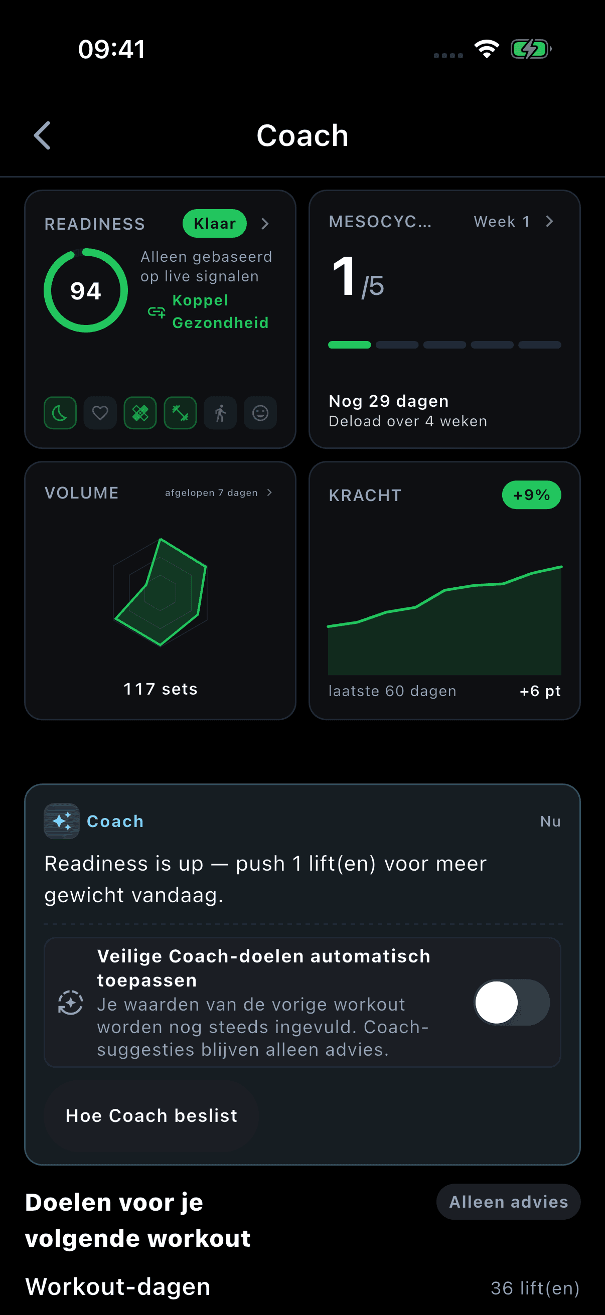 Coach in de Vytrix-app met trainingsblok en progressiesuggesties
