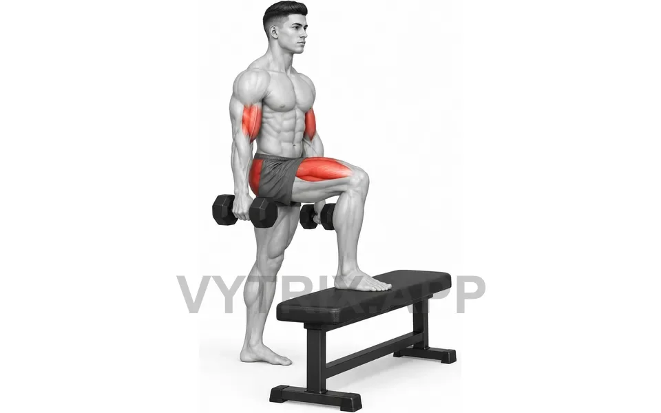 Uitvoering van Step Up with Knee Drive and Curl (Dumbbell)