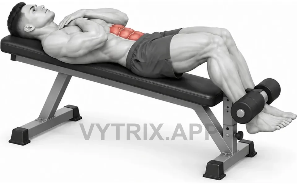 Uitvoering van Feet Anchored Flat Bench Crunch (Bodyweight)