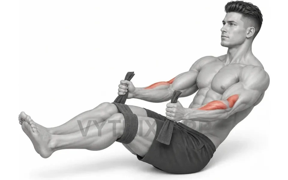 Uitvoering van Seated Towel Hammer Curl (Bodyweight)