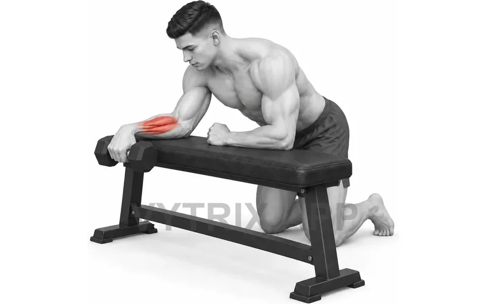 Uitvoering van Single Arm Kneeling Reverse Wrist Curl Over Bench (Dumbbell)