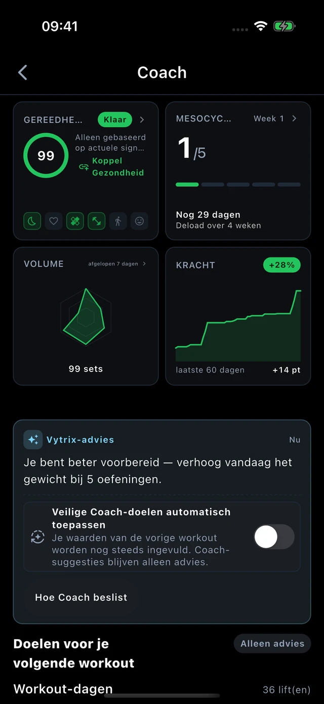 Coach in de Vytrix-app met trainingsblok, weekvolume en progressiesuggesties