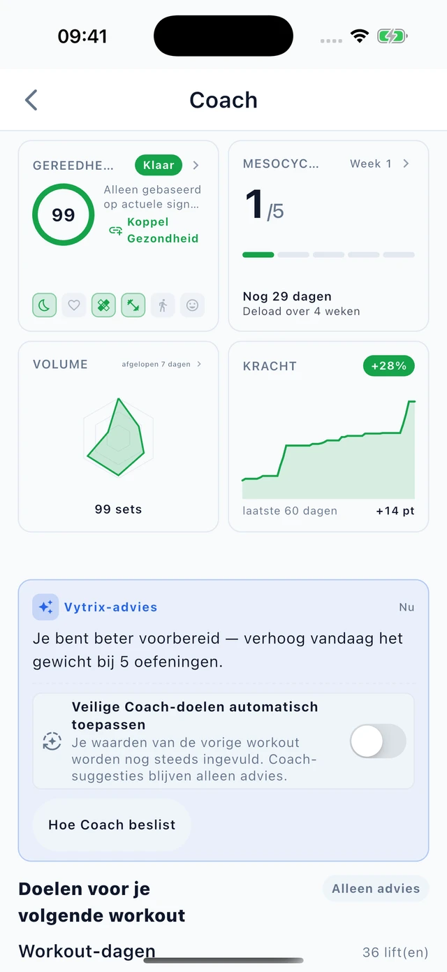 Coach in de Vytrix-app met trainingsblok, weekvolume en progressiesuggesties